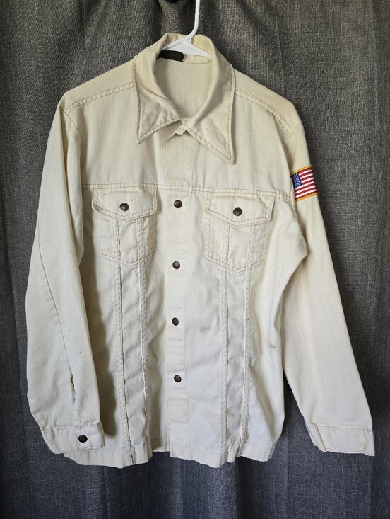 Vtg 70s Sears Western Wear White Denim Shirt Shacket American Flag Patch Mens XL